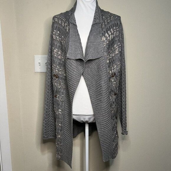 COLDWATER CREEK Gray Waterfall Cardigan Open Wool Chunky Sweater WOMENS Lg - Picture 5 of 10